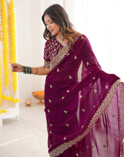 Magenta Tissue Silk Sequence Embroidery Saree