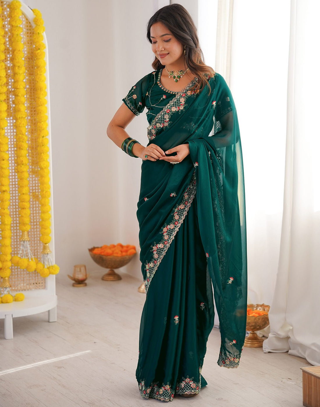 Green Silk Sequence Embroidery Saree
