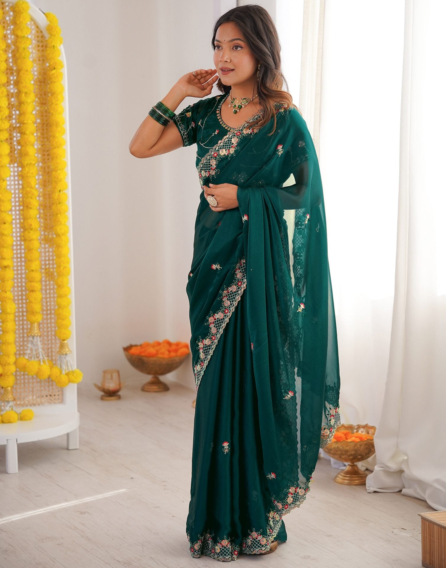 Green Silk Sequence Embroidery Saree