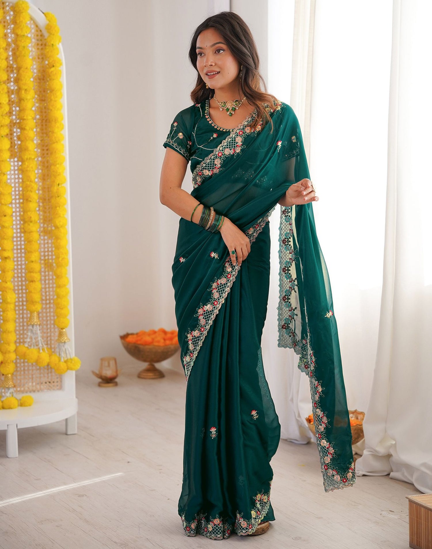 Green Silk Sequence Embroidery Saree