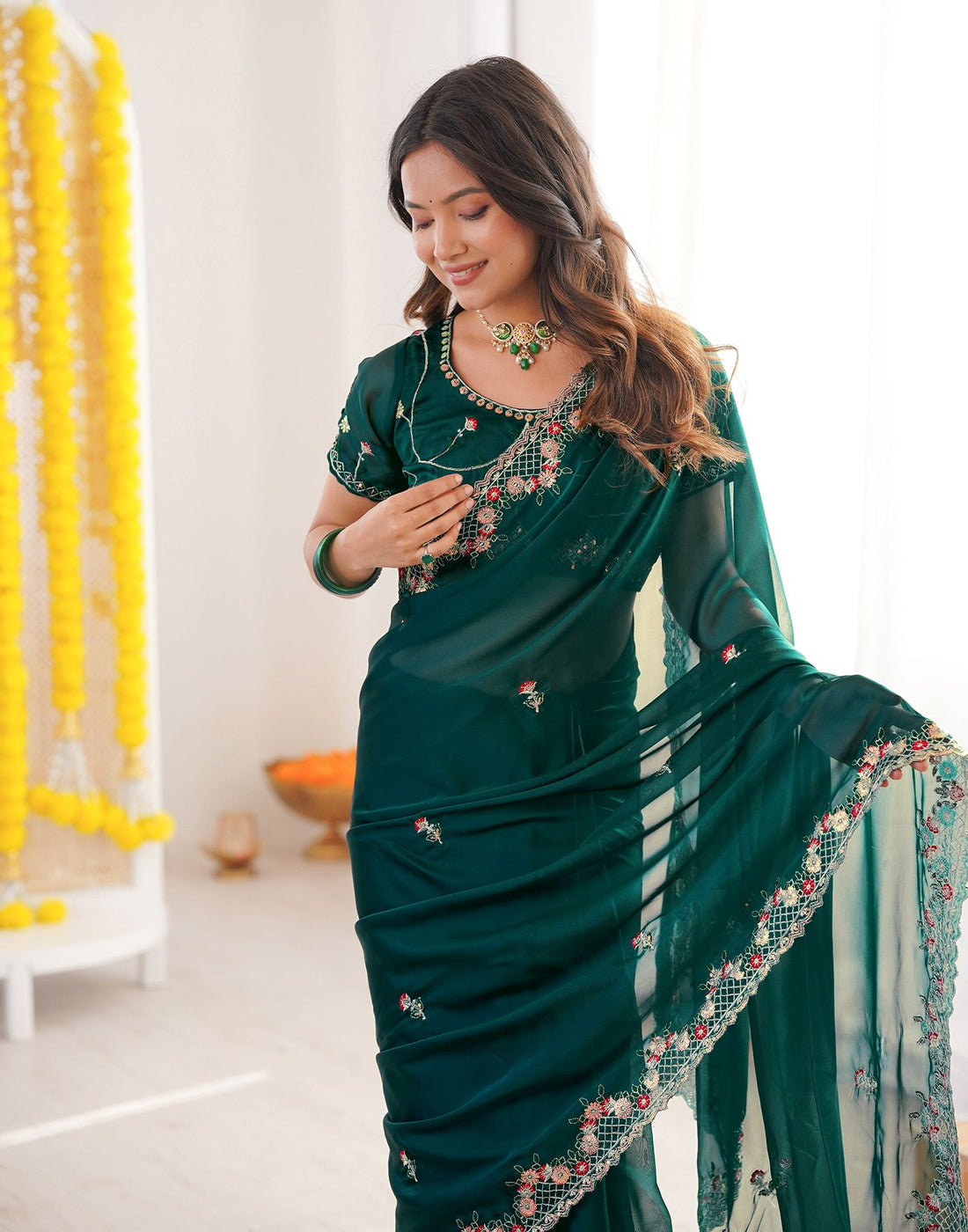 Green Silk Sequence Embroidery Saree