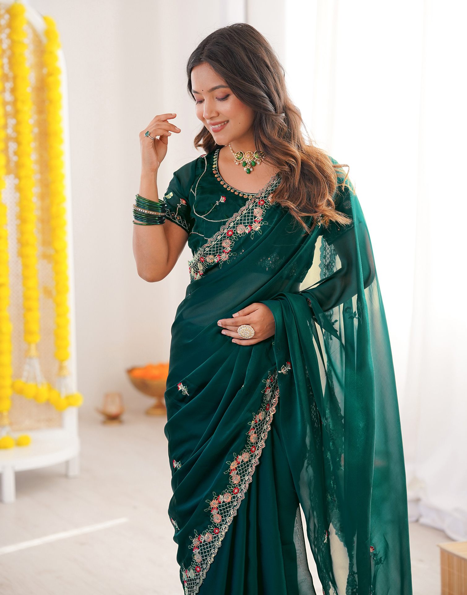 Green Silk Sequence Embroidery Saree