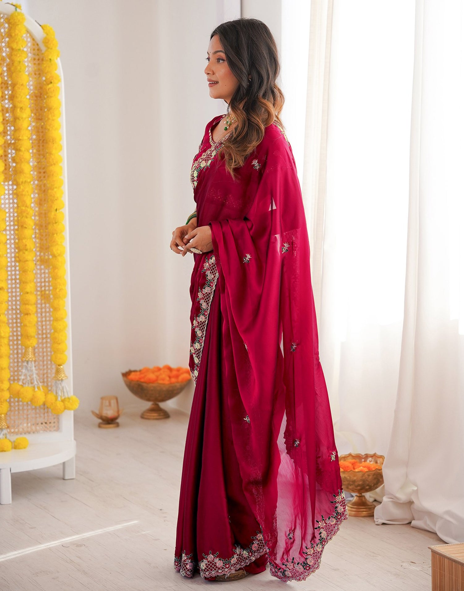 Wine Silk Sequence Embroidery Saree