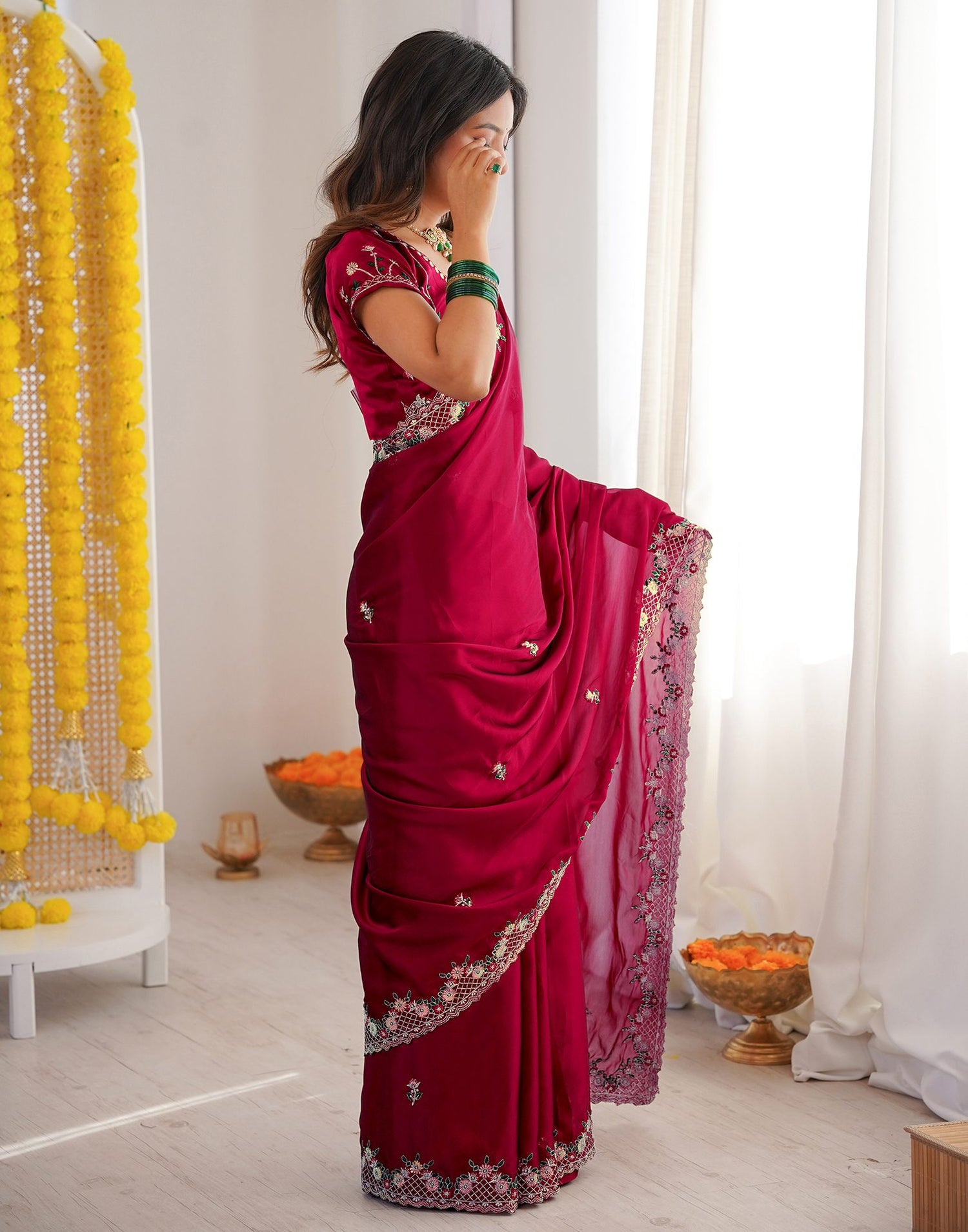 Wine Silk Sequence Embroidery Saree