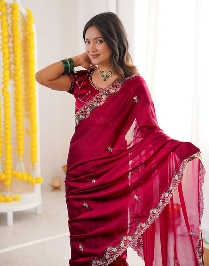 Wine Silk Sequence Embroidery Saree