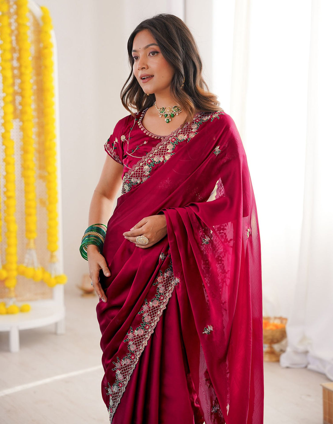 Wine Silk Sequence Embroidery Saree