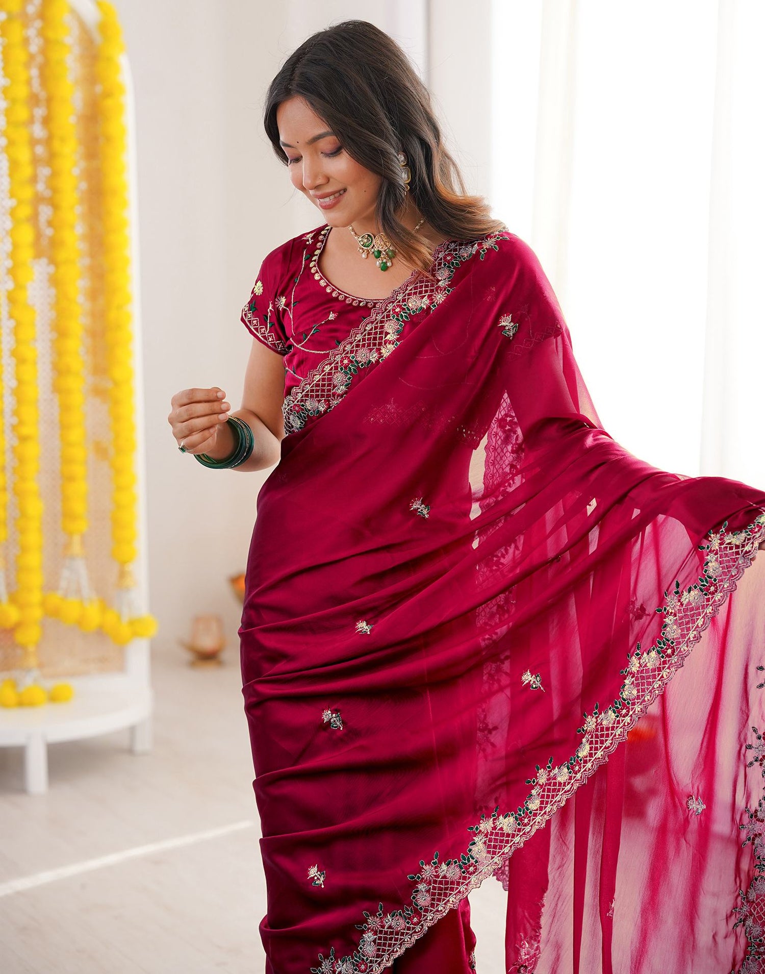 Wine Silk Sequence Embroidery Saree