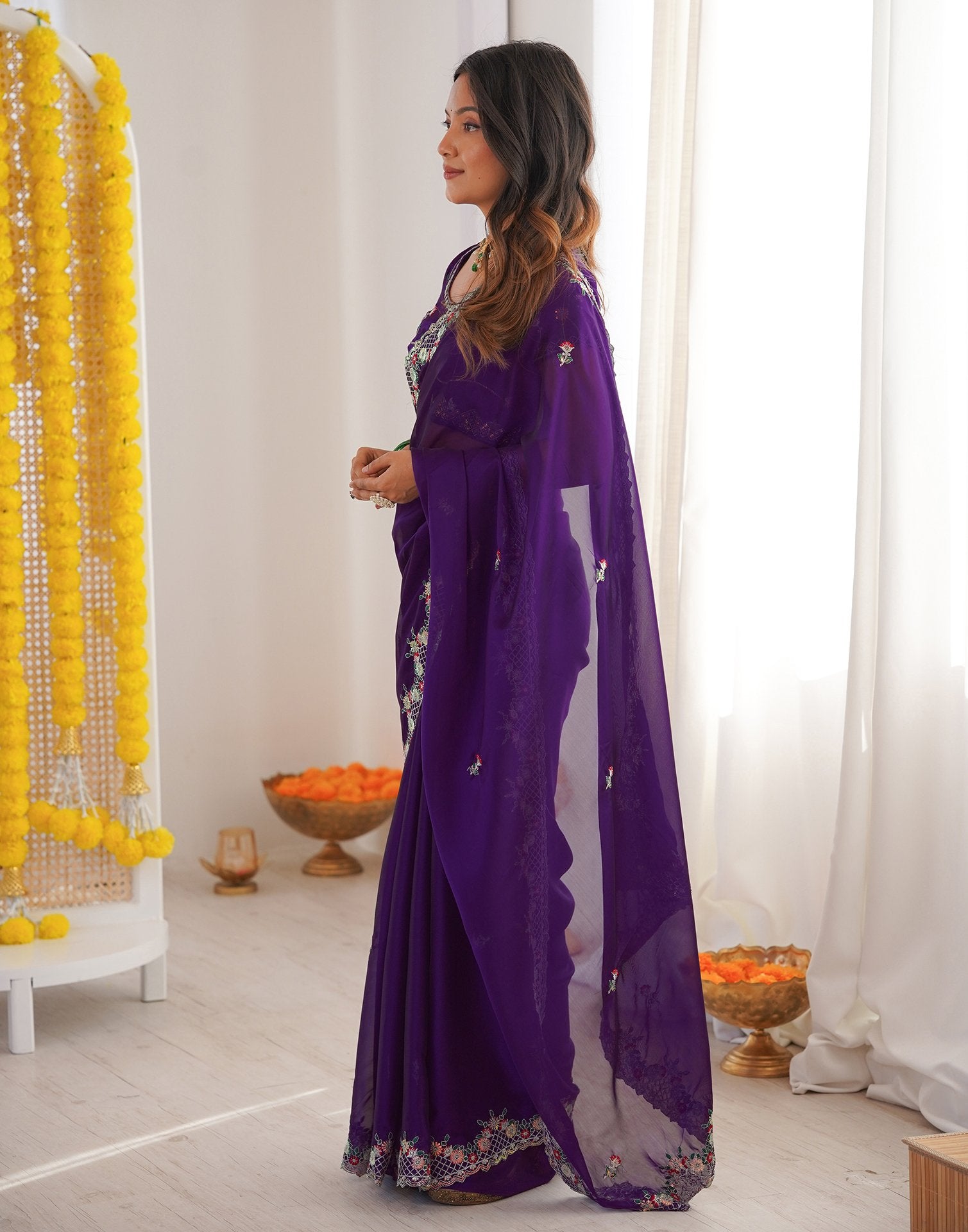 Violet Silk Sequence Embroidery Saree