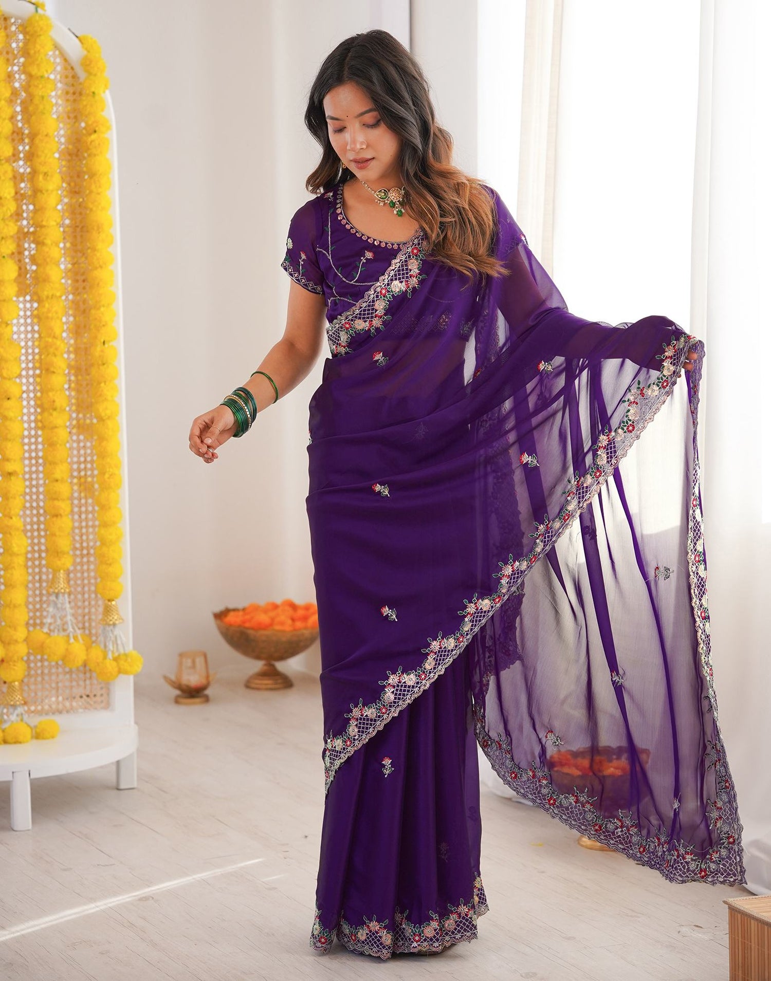 Violet Silk Sequence Embroidery Saree