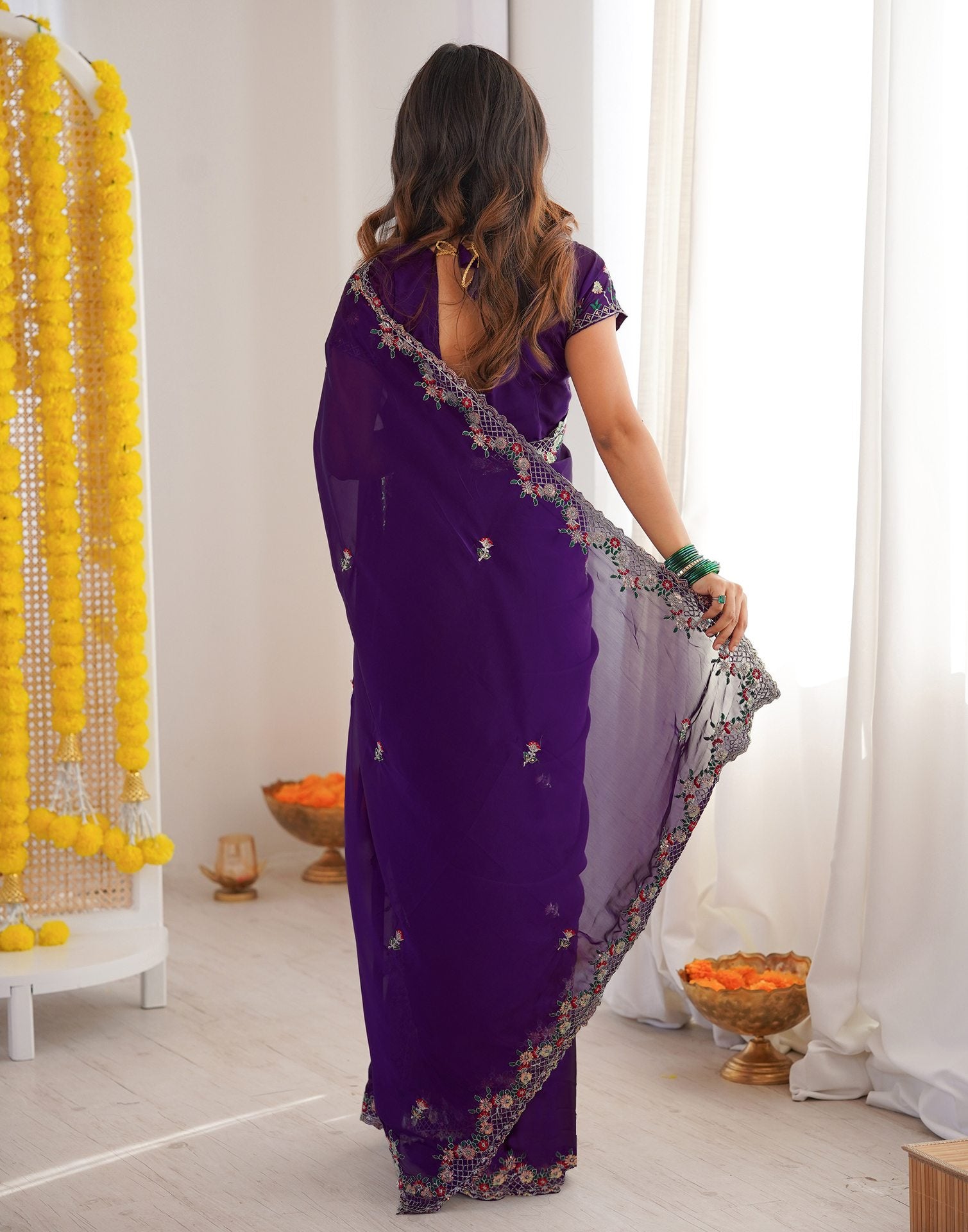 Violet Silk Sequence Embroidery Saree