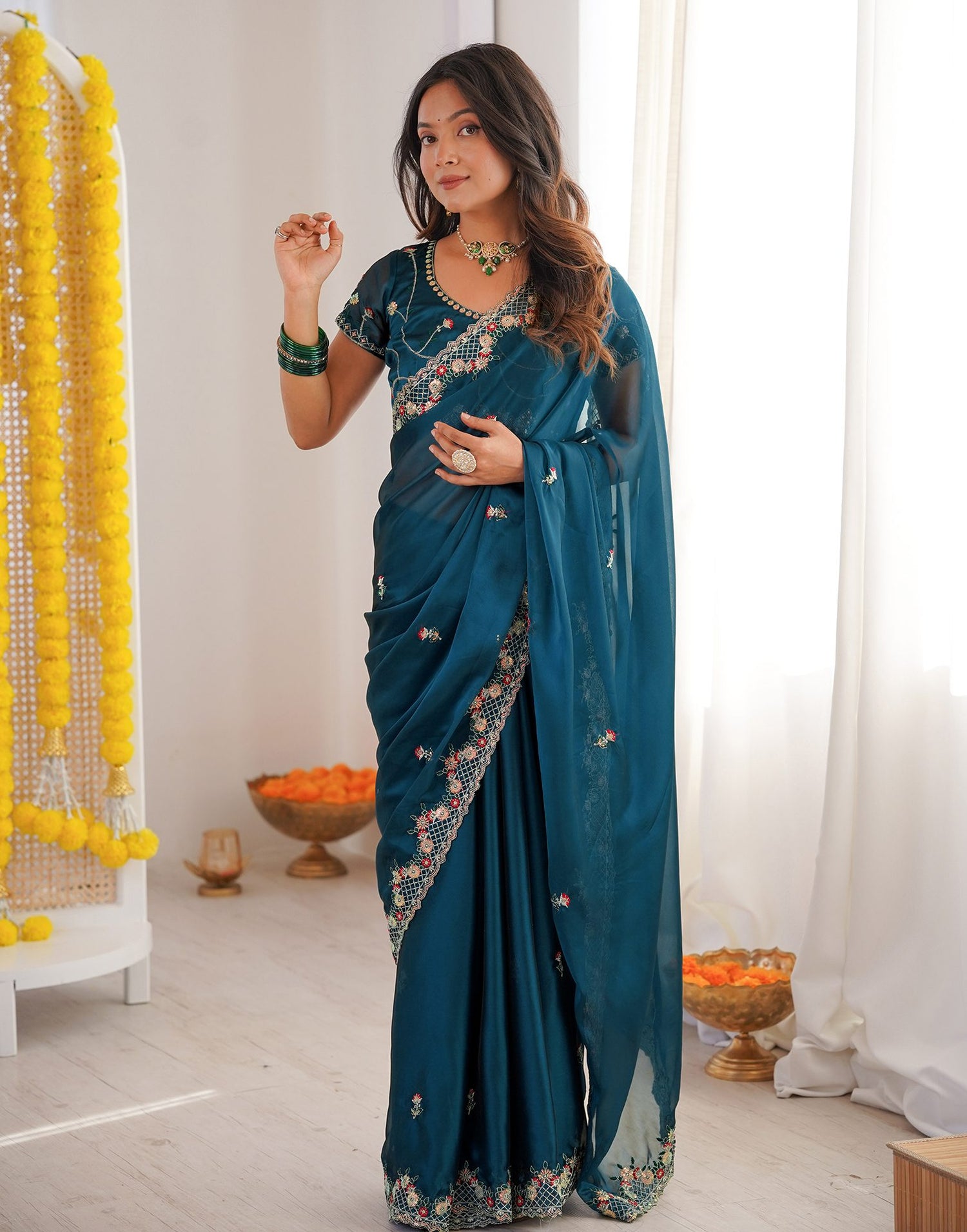 Peacock Blue Silk Sequence Embroidery Saree