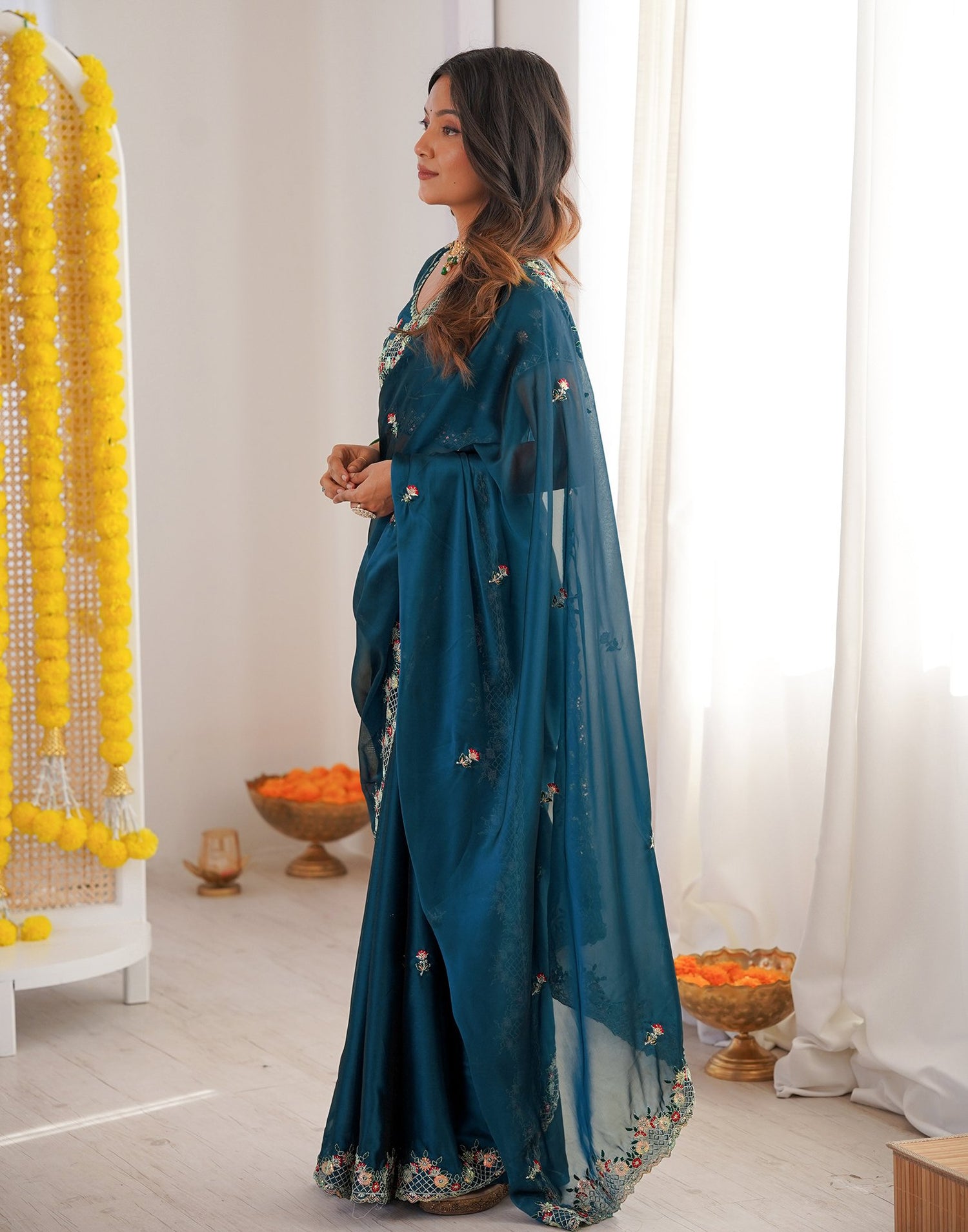Peacock Blue Silk Sequence Embroidery Saree