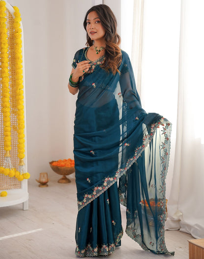 Peacock Blue Silk Sequence Embroidery Saree