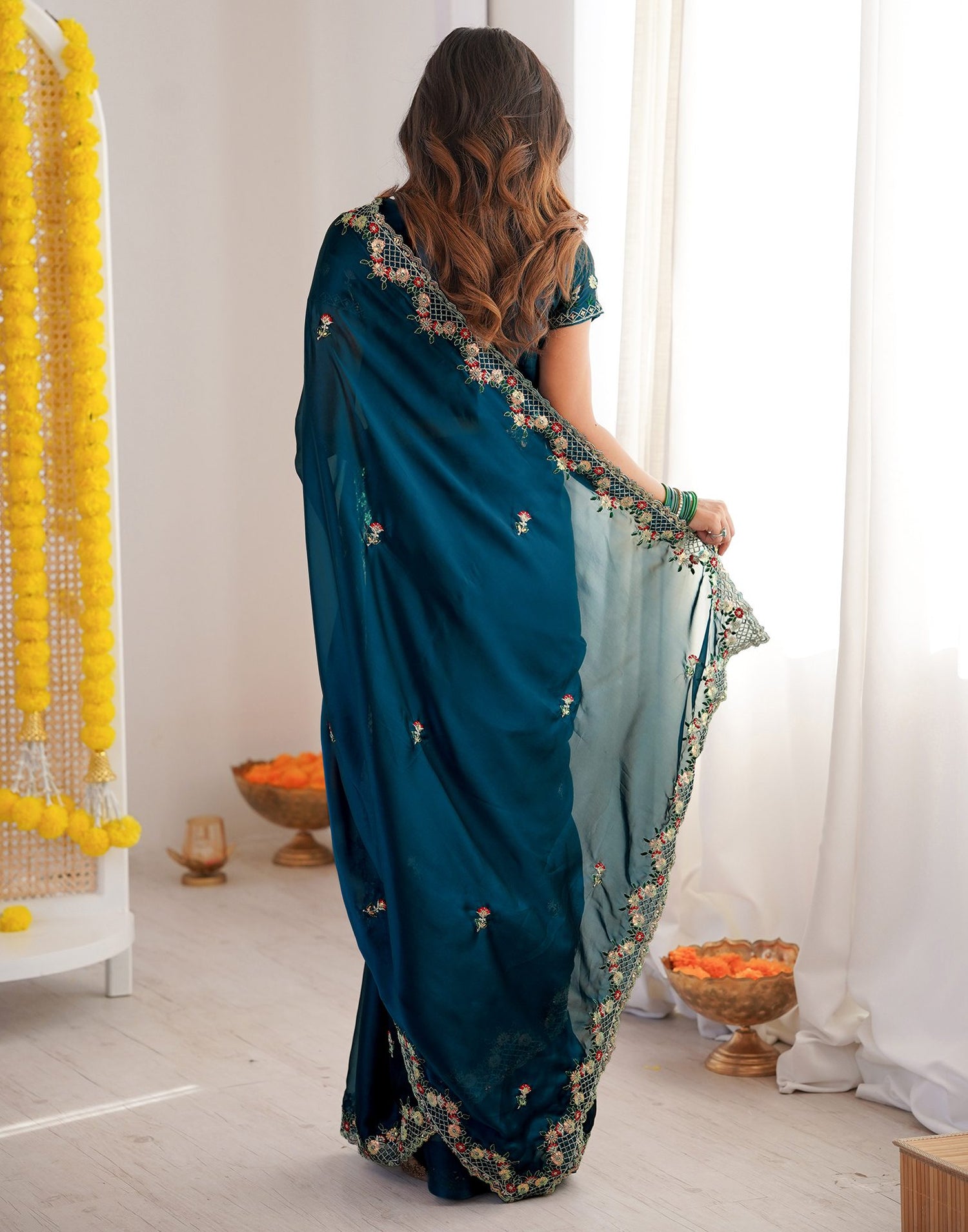 Peacock Blue Silk Sequence Embroidery Saree