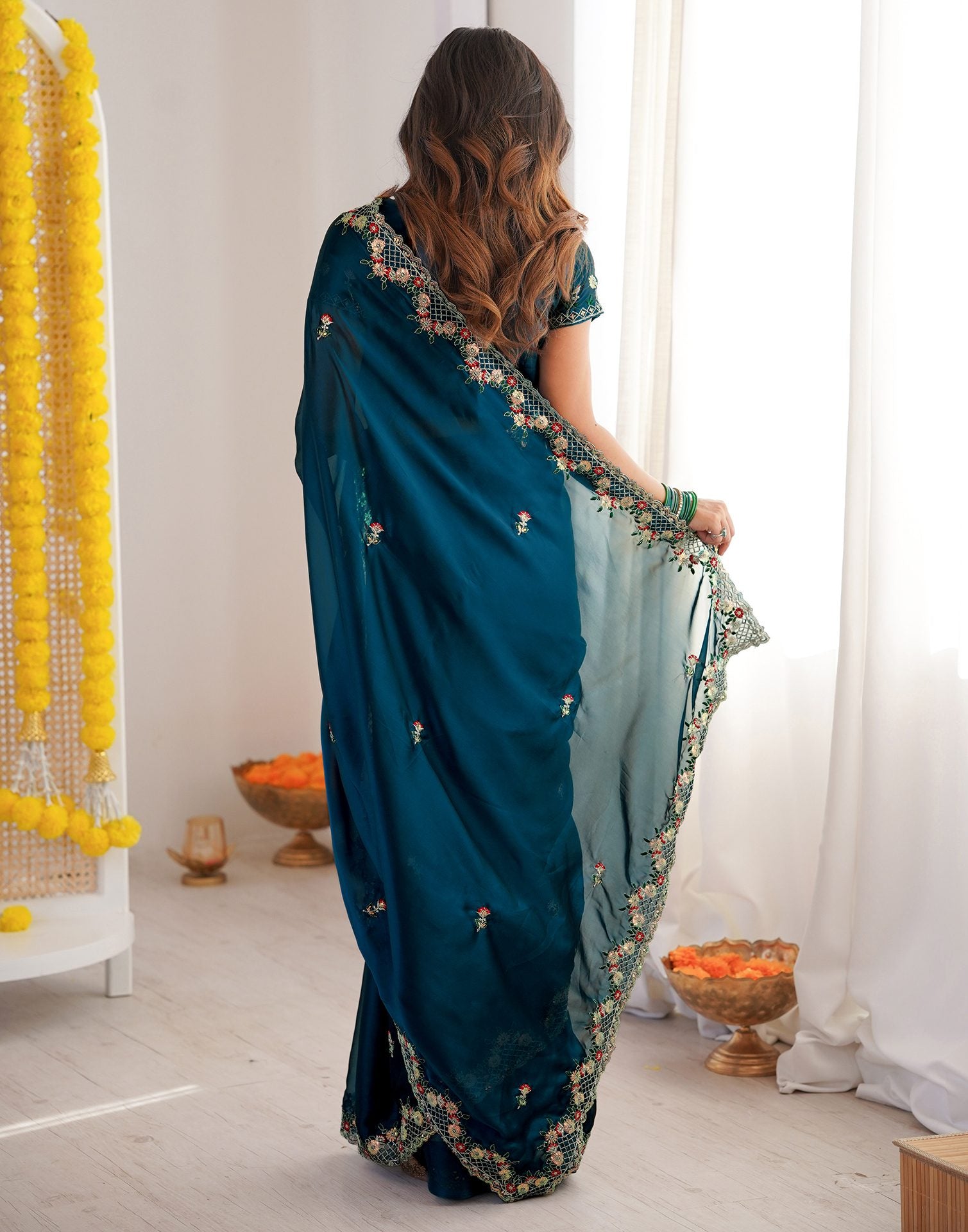 Peacock Blue Silk Sequence Embroidery Saree