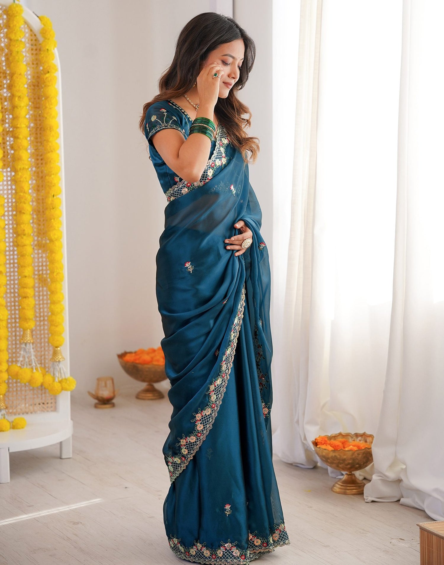 Peacock Blue Silk Sequence Embroidery Saree