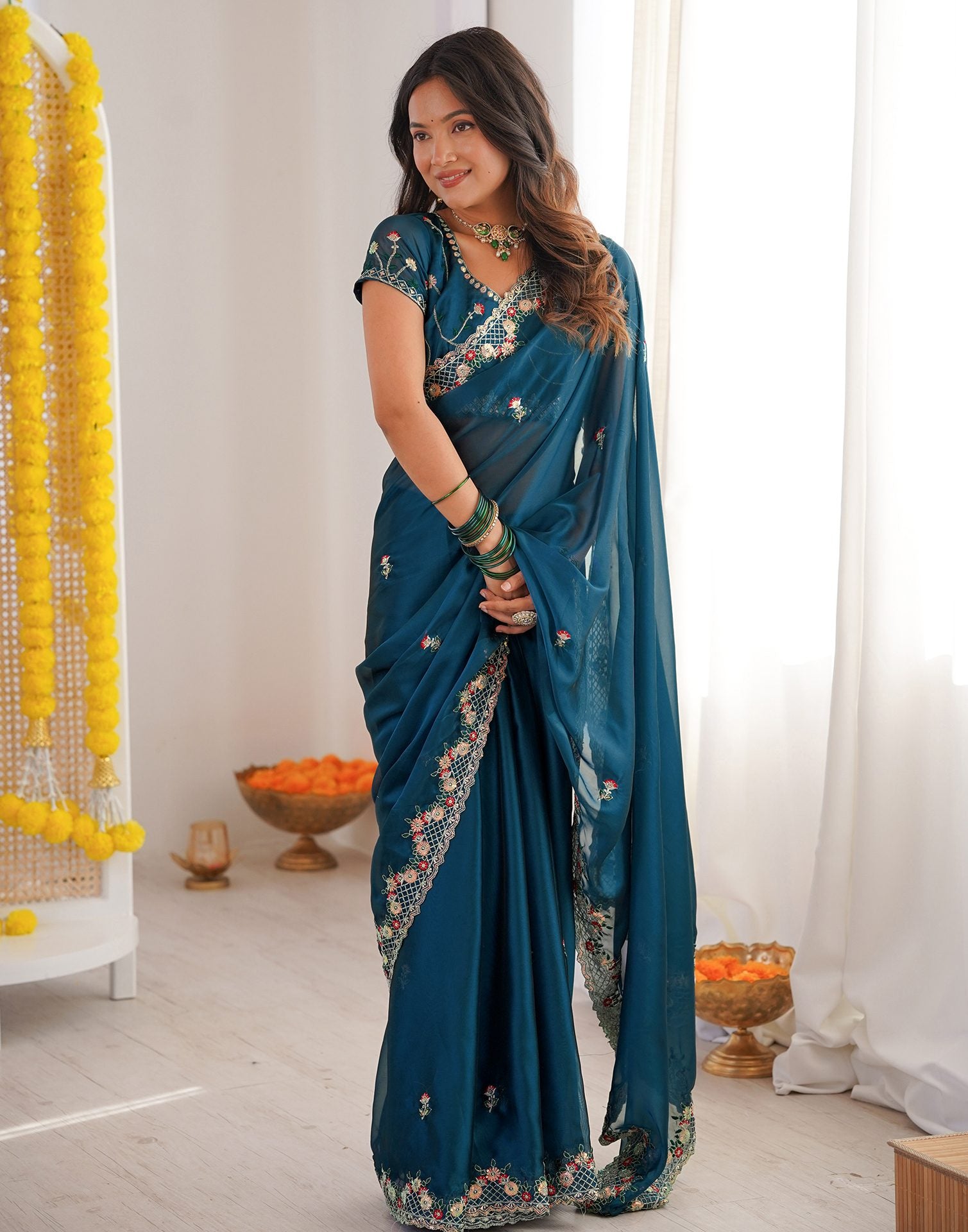 Peacock Blue Silk Sequence Embroidery Saree