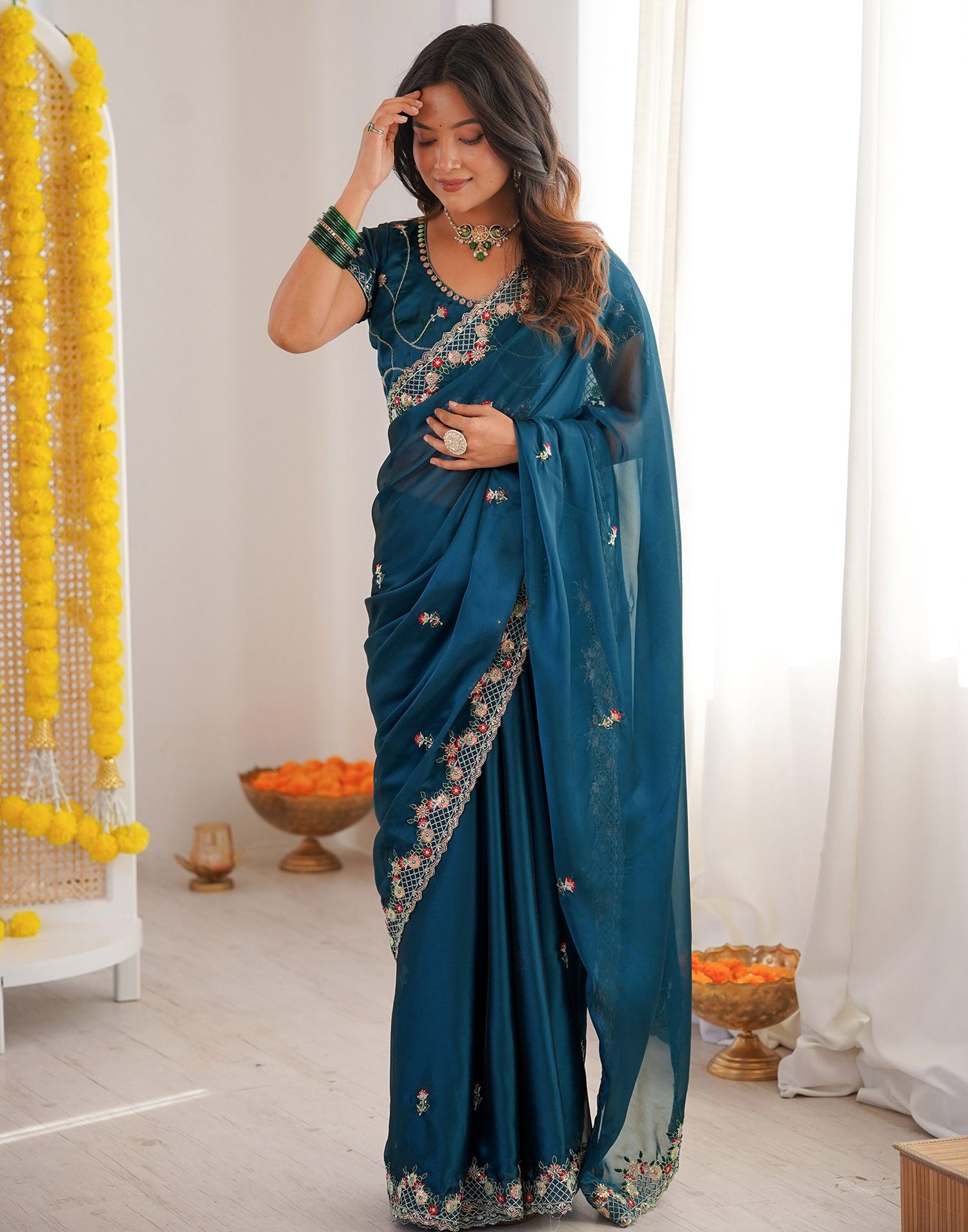 Peacock Blue Silk Sequence Embroidery Saree