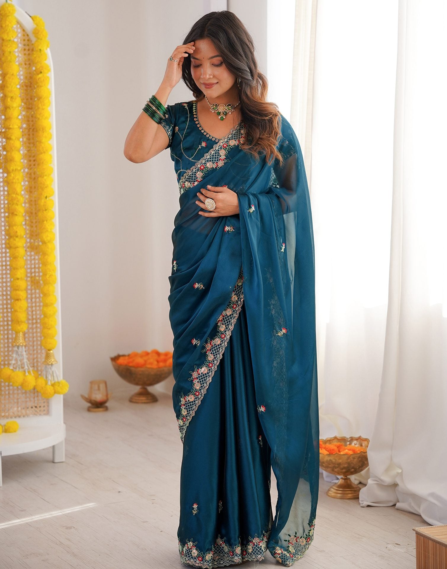 Peacock Blue Silk Sequence Embroidery Saree