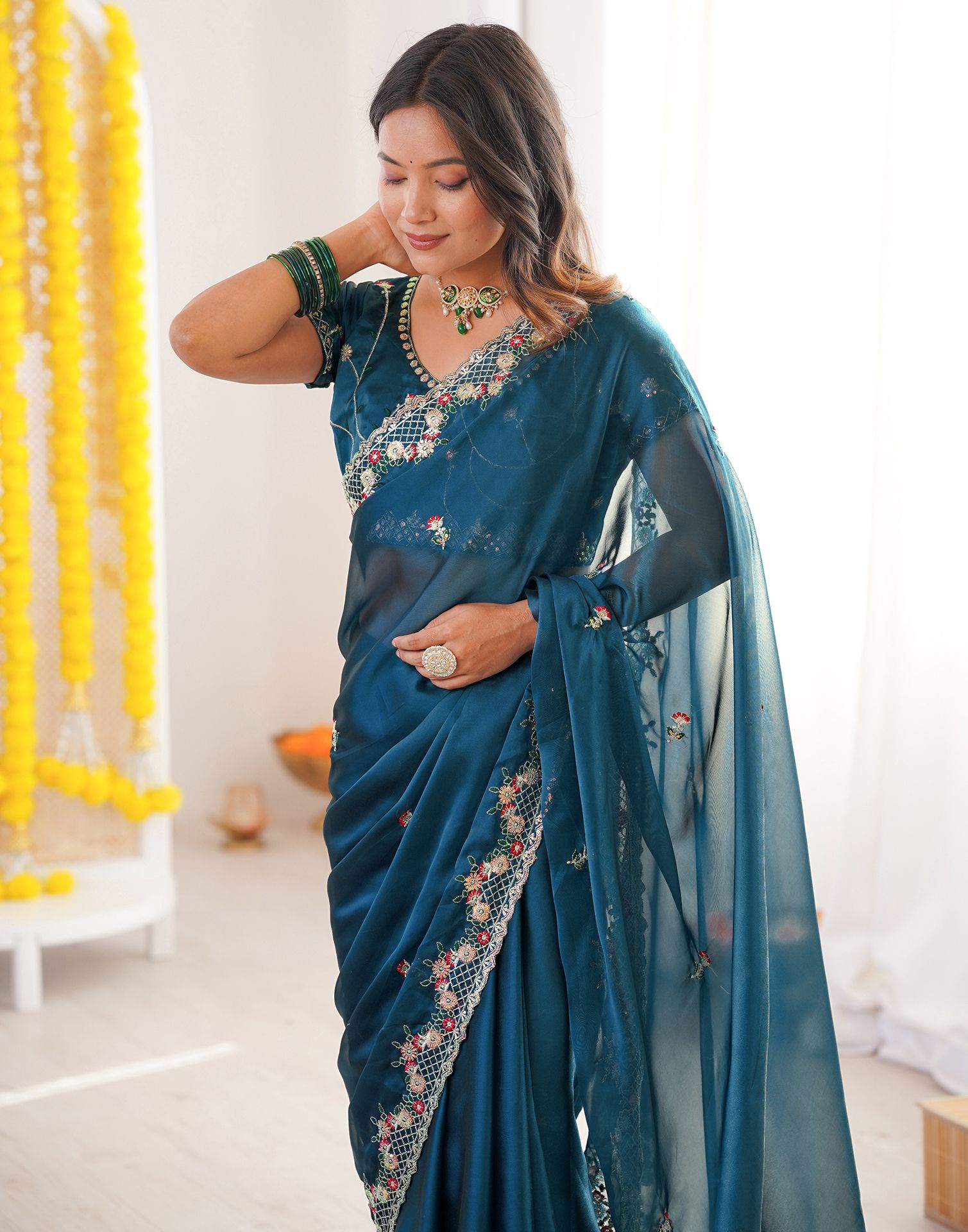 Peacock Blue Silk Sequence Embroidery Saree
