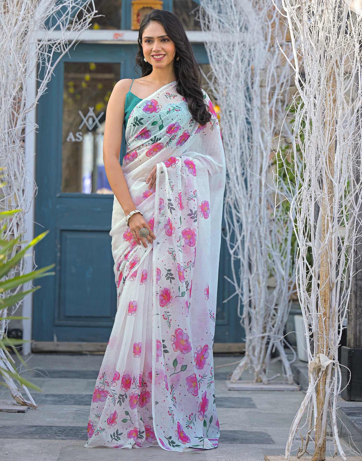 White Linen Floral Printed Saree