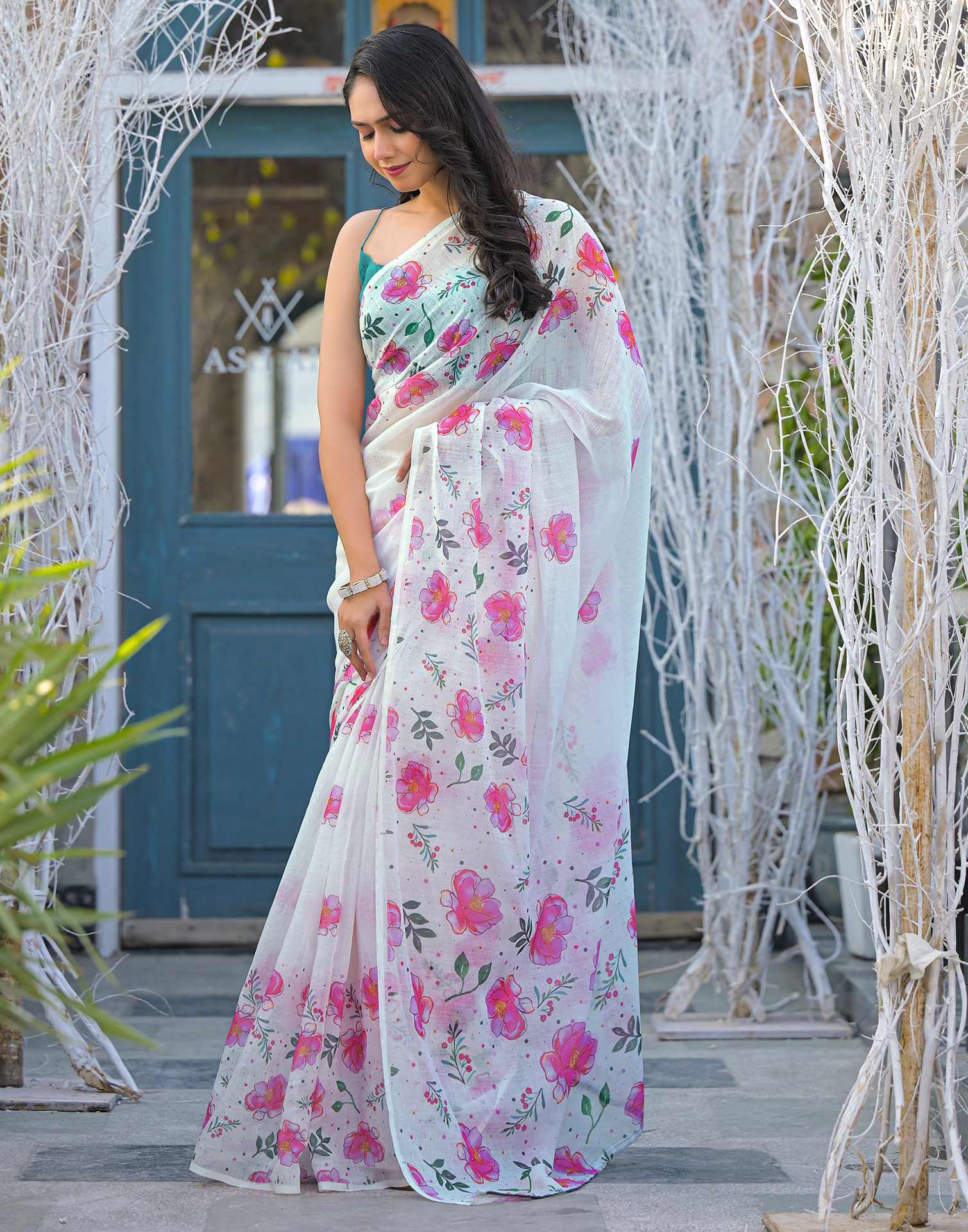 White Linen Floral Printed Saree