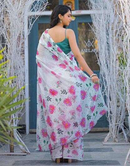 White Linen Floral Printed Saree