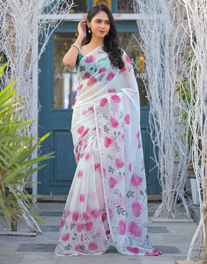 White Linen Floral Printed Saree