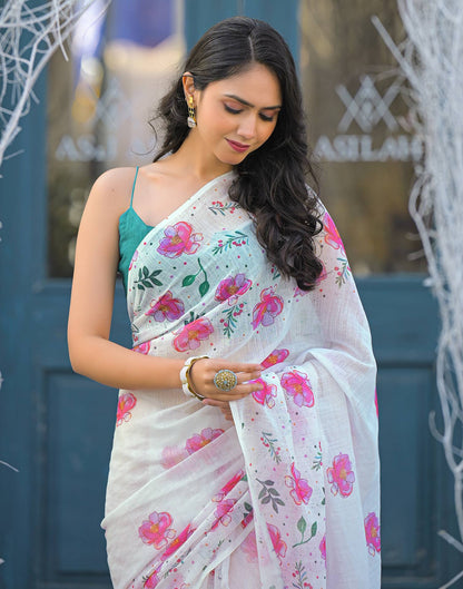 White Linen Floral Printed Saree