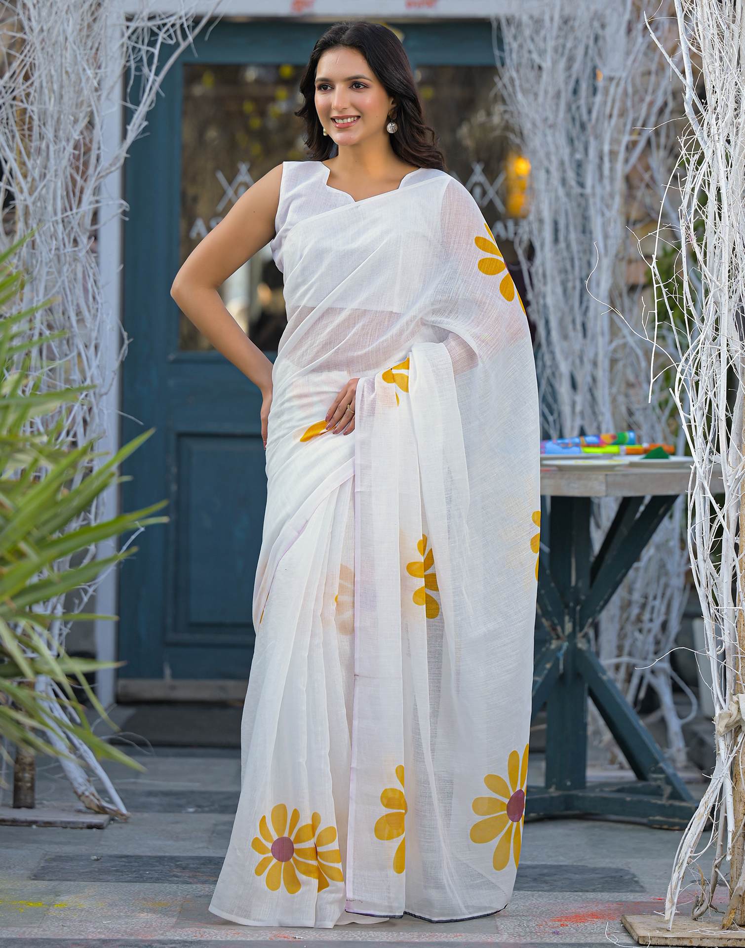 Holi White Linen Floral Printed Saree