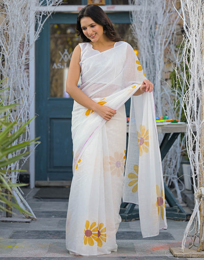Holi White Linen Floral Printed Saree