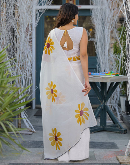 Holi White Linen Floral Printed Saree