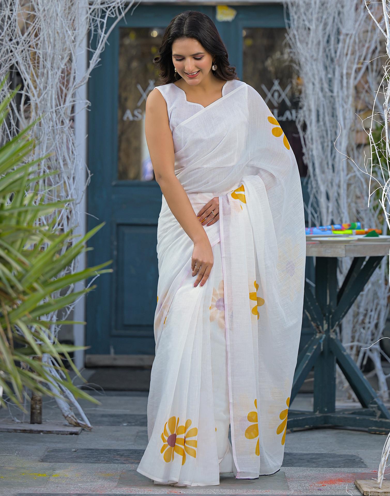 Holi White Linen Floral Printed Saree