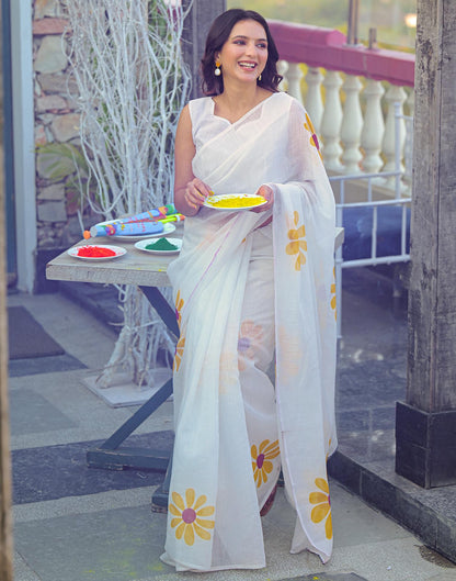 Holi White Linen Floral Printed Saree