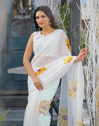 Holi White Linen Floral Printed Saree