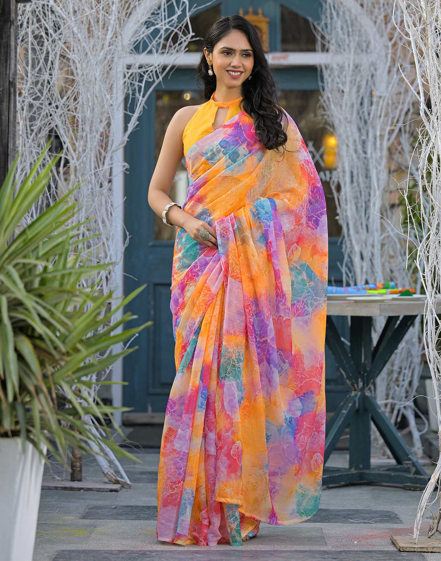 Multicoloured Linen Printed Saree