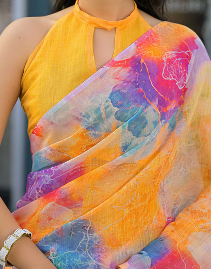 Multicoloured Linen Printed Saree
