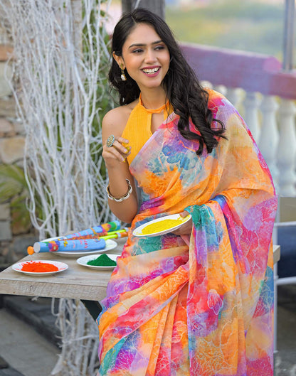 Multicoloured Linen Printed Saree