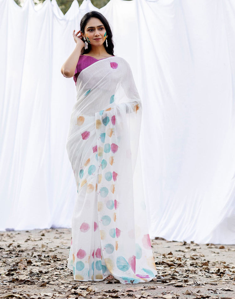 White Linen Printed Saree