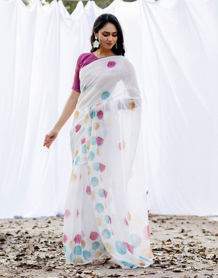 White Linen Printed Saree