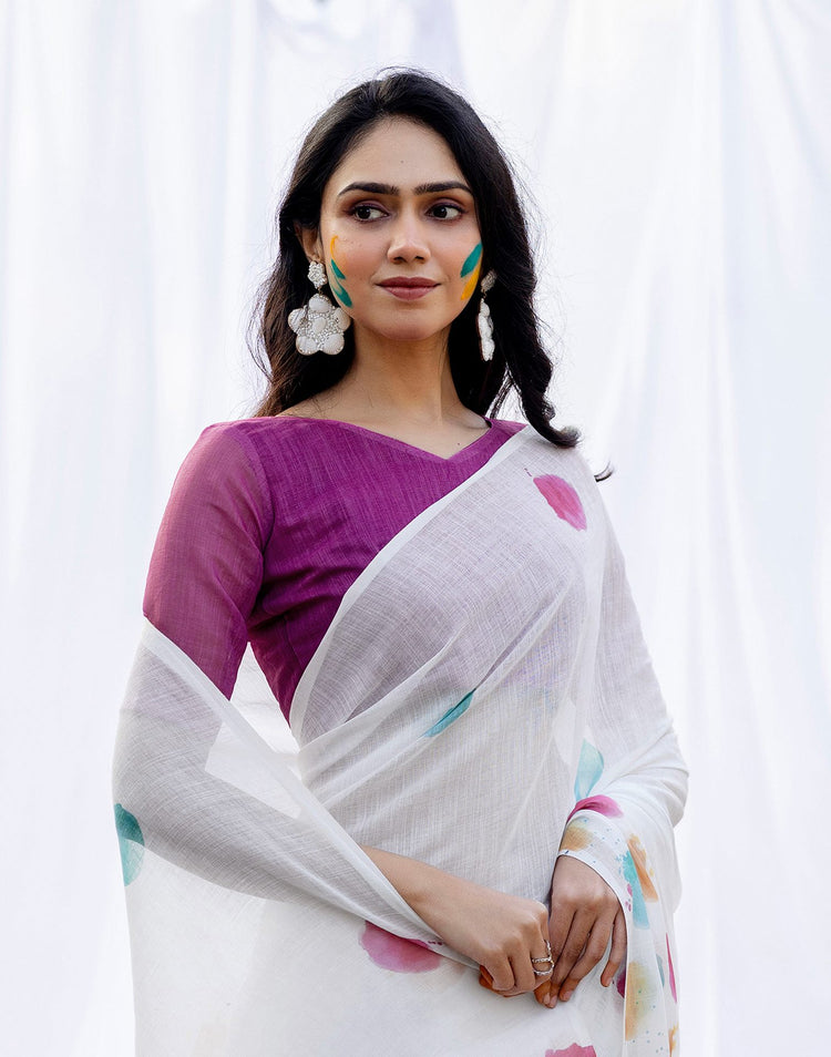 White Linen Printed Saree