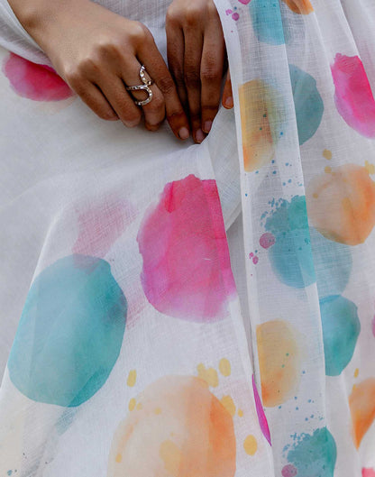 Holi White Linen Printed Saree