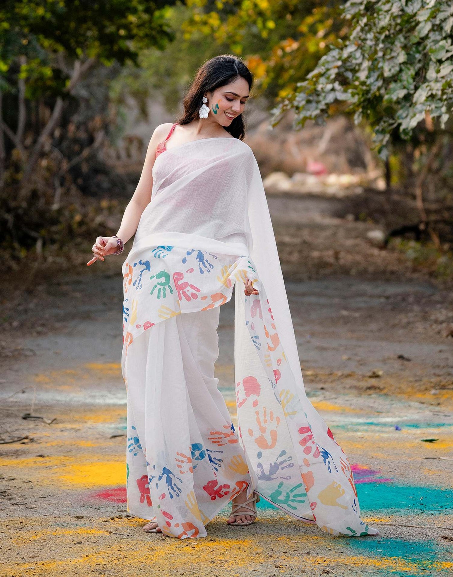 Off White Linen Printed Saree
