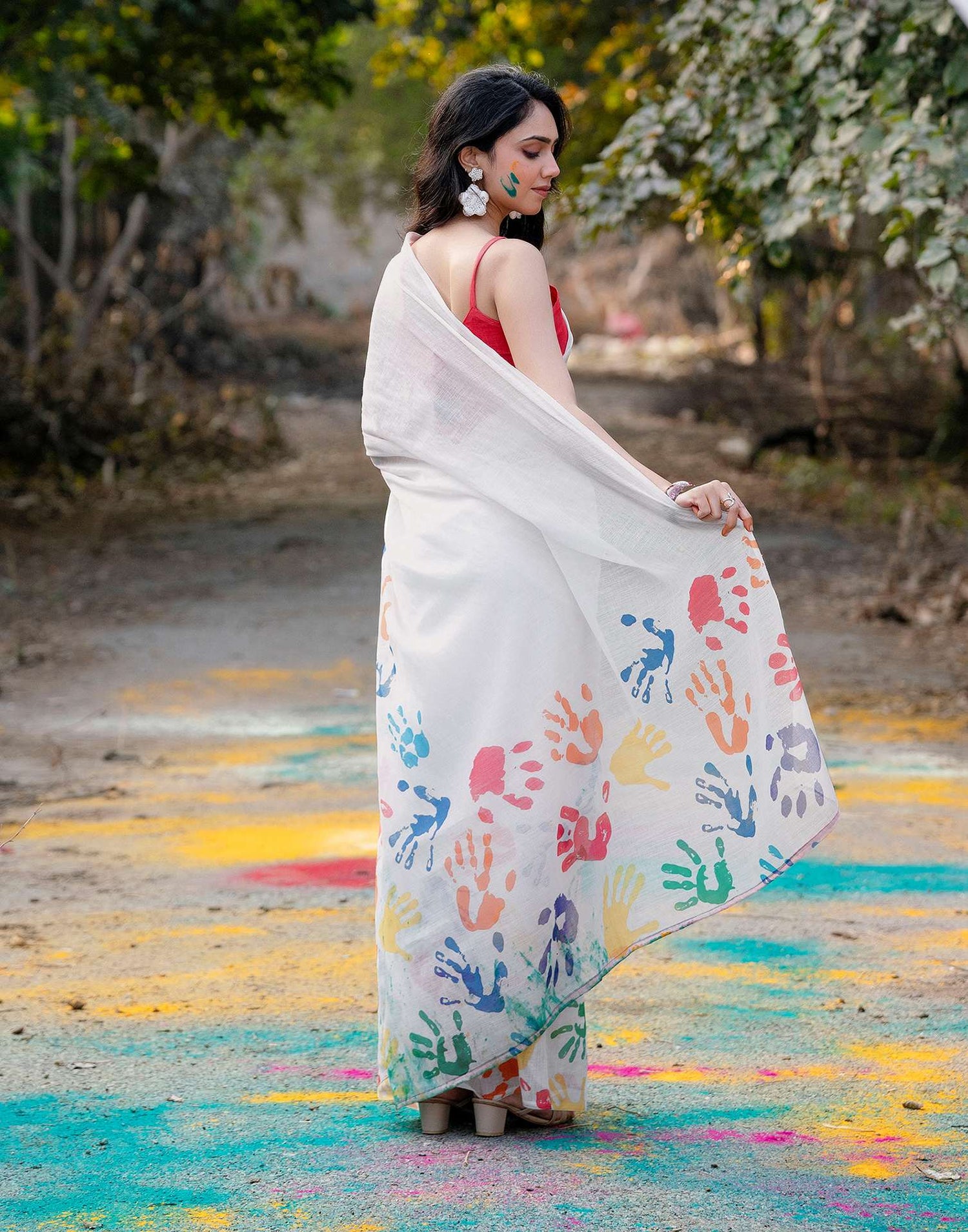 Off White Linen Printed Saree