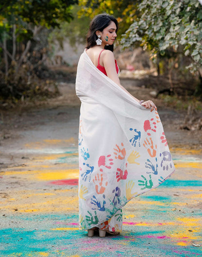 Off White Linen Printed Saree