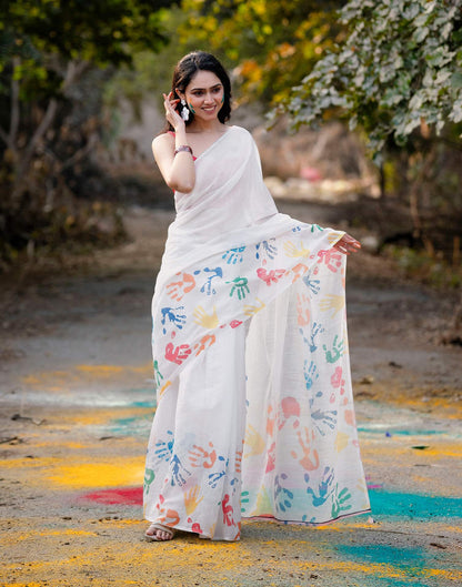 Off White Linen Printed Saree