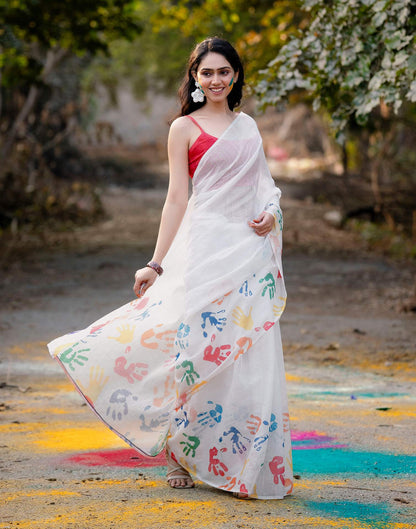 Off White Linen Printed Saree
