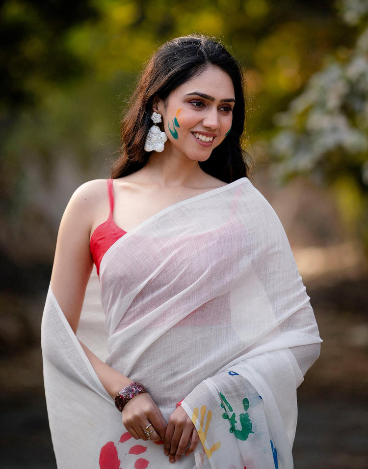 Off White Linen Printed Saree