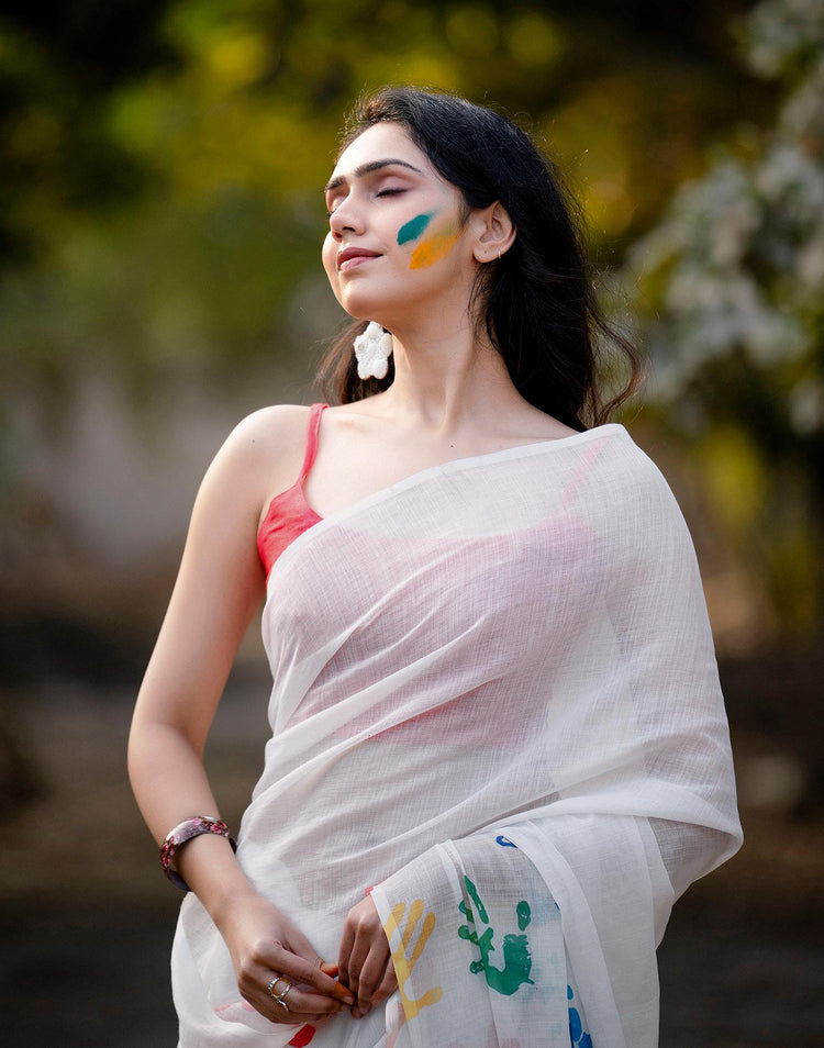 Off White Linen Printed Saree