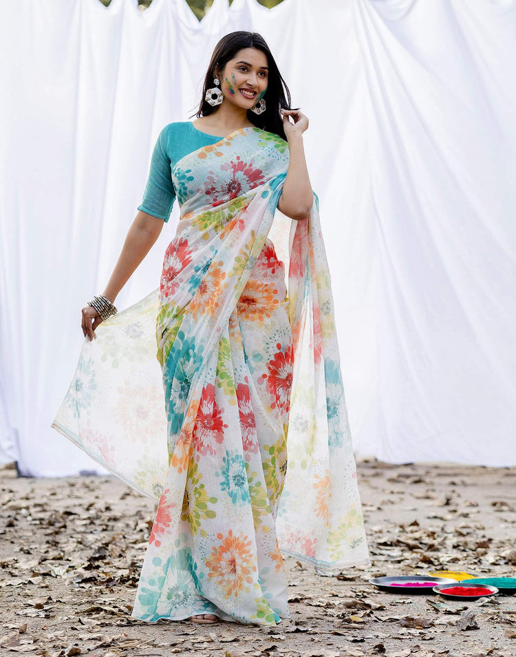 Off White Linen Printed Saree